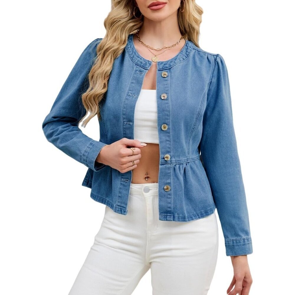 Women’s Denim Jean Jacket Peplum Hem Long Sleeve Collarless Casual